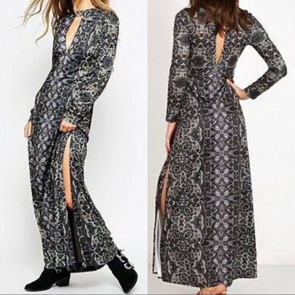 FREE PEOPLE Sz Small Long Sleeve High Slit Boho Maxi Dress Geometric Pattern